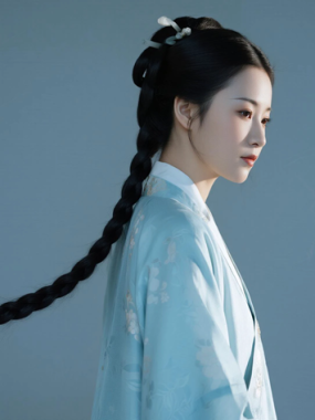 AI国风美人电脑桌面壁纸 | 浅湖蓝印花宋裙温婉雅致女子8K超高清无水印套图