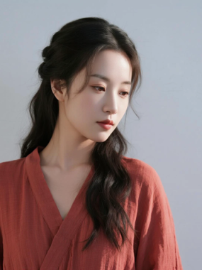 AI国风美人电脑桌面壁纸 | 枣红棉麻古风长裙温婉文艺女子8K超高清无水印套图