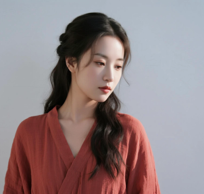 AI国风美人电脑桌面壁纸 | 枣红棉麻古风长裙温婉文艺女子8K超高清无水印套图
