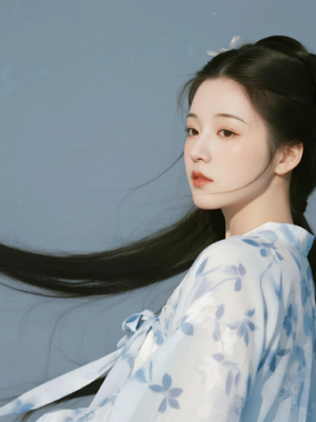 AI国风美人电脑桌面壁纸 | 浅靛碎花宋裙灵动怀旧女子8K超高清无水印套图