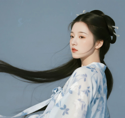 AI国风美人电脑桌面壁纸 | 浅靛碎花宋裙灵动怀旧女子8K超高清无水印套图