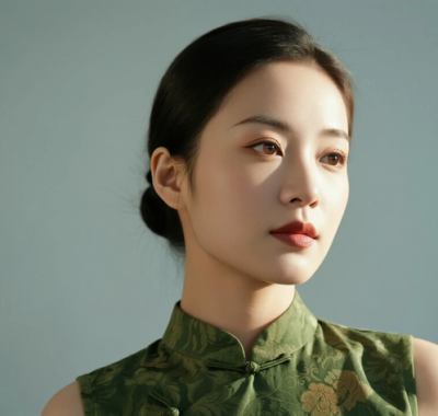 AI优雅旗袍电脑桌面壁纸 | 豆绿暗纹娴静气质美人8K超高清无水印套图