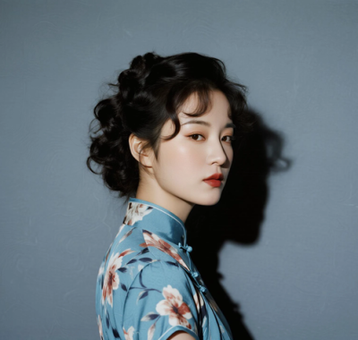 AI优雅旗袍电脑桌面壁纸 | 湖蓝碎花灵动雅致女生8K超高清无水印套图