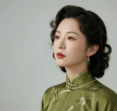 AI优雅旗袍电脑桌面壁纸 | 橄榄绿绣裙质感复古女生8K超高清无水印套图