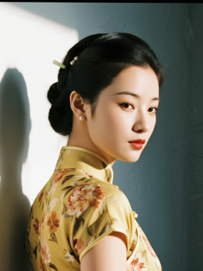 AI优雅旗袍电脑桌面壁纸 | 鹅黄碎花清甜活泼少女8K超高清无水印套图