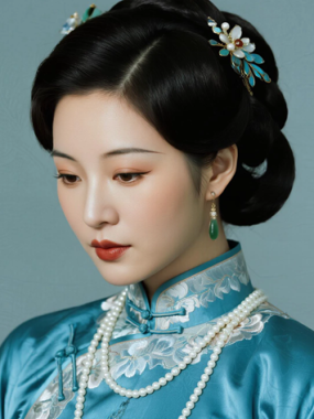 AI优雅旗袍电脑桌面壁纸 | 湖蓝织锦华贵古典美人8K超高清无水印套图