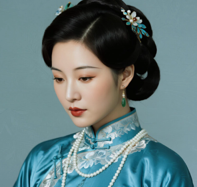 AI优雅旗袍电脑桌面壁纸 | 湖蓝织锦华贵古典美人8K超高清无水印套图