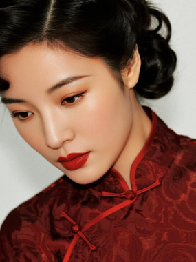 AI优雅旗袍电脑桌面壁纸 | 酱红暗纹华贵复古美人8K超高清无水印套图