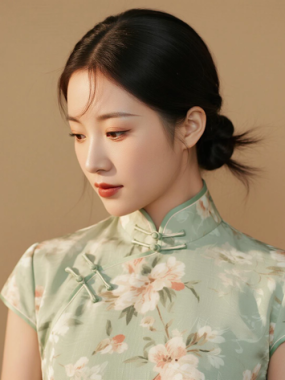 AI优雅旗袍电脑桌面壁纸 | 浅绿碎花清甜活泼少女8K超高清无水印套图