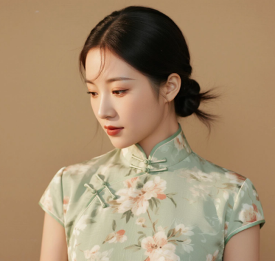 AI优雅旗袍电脑桌面壁纸 | 浅绿碎花清甜活泼少女8K超高清无水印套图