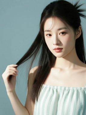 AI清新治愈电脑桌面壁纸 | 浅薄荷条纹吊带裙清爽治愈少女8K无水印套图