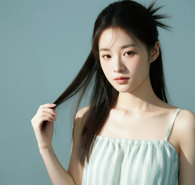 AI清新治愈电脑桌面壁纸 | 浅薄荷条纹吊带裙清爽治愈少女8K无水印套图