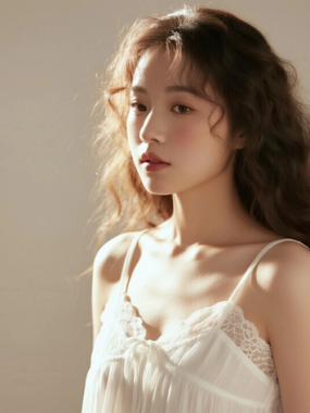 AI清新治愈电脑桌面壁纸 | 奶芋白蕾丝吊带裙纯净治愈少女8K无水印套图