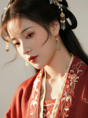 AI国风美人电脑桌面壁纸 | 酒红绣花汉服华贵仕女8K超高清无水印套图