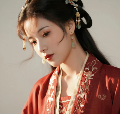 AI国风美人电脑桌面壁纸 | 酒红绣花汉服华贵仕女8K超高清无水印套图