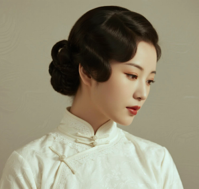 AI优雅旗袍电脑桌面壁纸 | 象牙白蕾丝旗袍温婉知性女生8K无水印套图