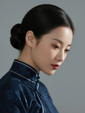 AI优雅旗袍电脑桌面壁纸 | 藏青滚边暗花旗袍端庄冷艳女生8K无水印套图