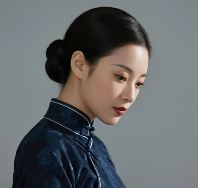 AI优雅旗袍电脑桌面壁纸 | 藏青滚边暗花旗袍端庄冷艳女生8K无水印套图