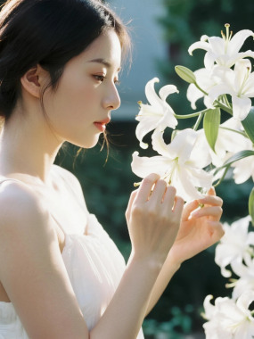 AI清新治愈高清图集 | 女生白色花卉静谧套图