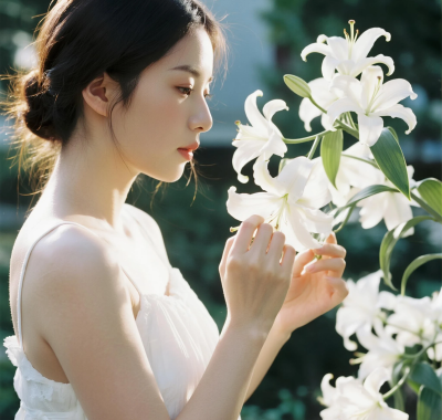 AI清新治愈高清图集 | 女生白色花卉静谧套图