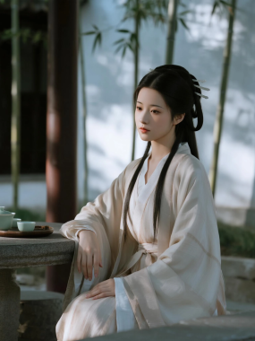 AI国风美人高清图集 | 女子庭院竹影清雅汉服套图
