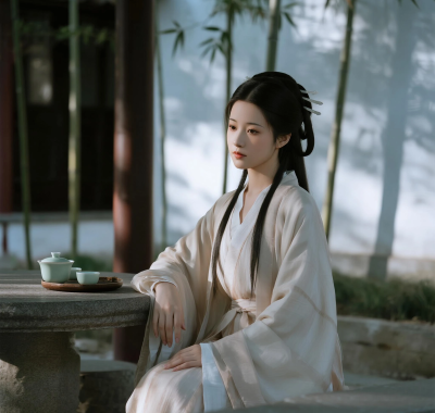 AI国风美人高清图集 | 女子庭院竹影清雅汉服套图