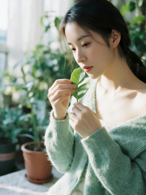 AI清新治愈高清图集 | 女子绿植光影舒适套图