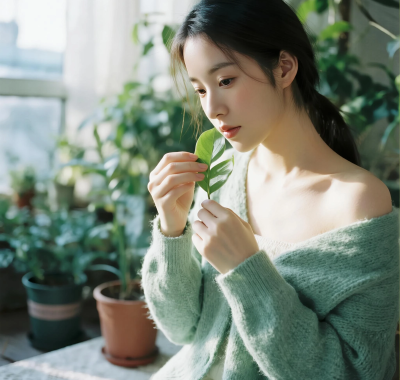 AI清新治愈高清图集 | 女子绿植光影舒适套图