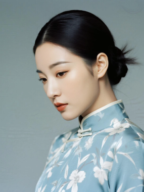 AI优雅旗袍电脑桌面壁纸 | 浅蓝碎花温润恬静女生8K超高清无水印套图