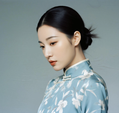 AI优雅旗袍电脑桌面壁纸 | 浅蓝碎花温润恬静女生8K超高清无水印套图