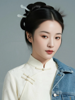 AI优雅旗袍电脑桌面壁纸 | 奶白牛仔拼接灵动少女女生8K超高清无水印套图