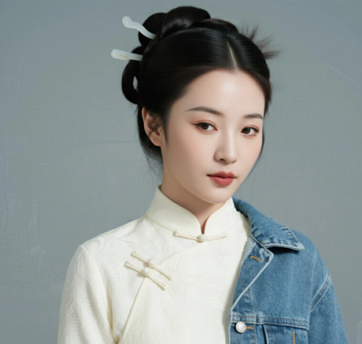 AI优雅旗袍电脑桌面壁纸 | 奶白牛仔拼接灵动少女女生8K超高清无水印套图