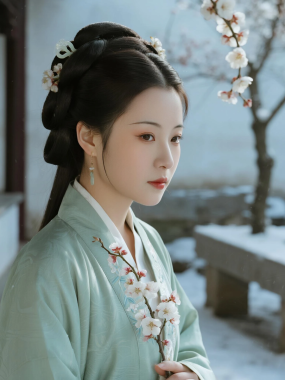 AI国风美人高清图集 | 女子梅花庭院清冷套图