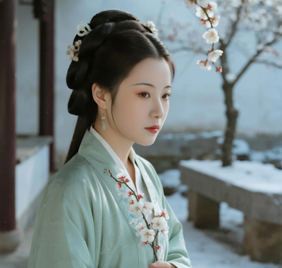 AI国风美人高清图集 | 女子梅花庭院清冷套图