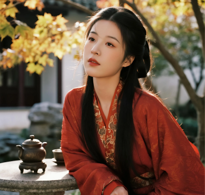 AI国风美人高清图集 | 女子秋日庭院暖调套图