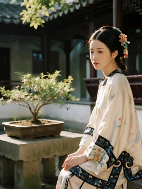 AI国风美人高清图集 | 石凳庭院娴静套图