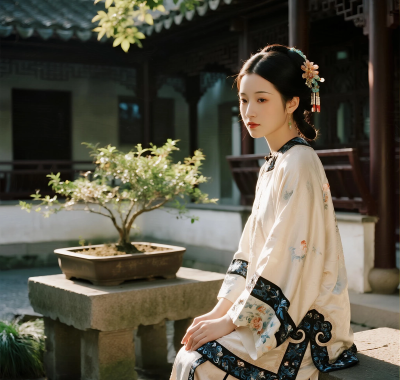 AI国风美人高清图集 | 石凳庭院娴静套图
