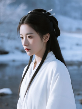 清冷古风美人高清AI壁纸 | 雪景庭院美图
