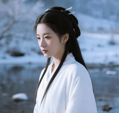 清冷古风美人高清AI壁纸 | 雪景庭院美图